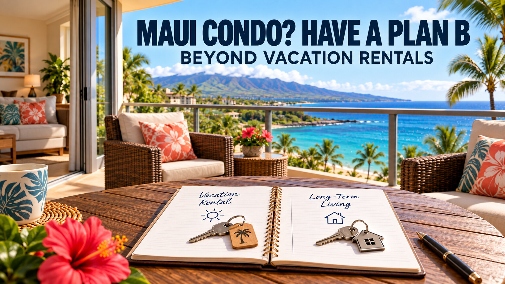 Maui condo balcony with a notebook comparing vacation rentals and long-term living, captioned Maui Condo? Have a Plan B