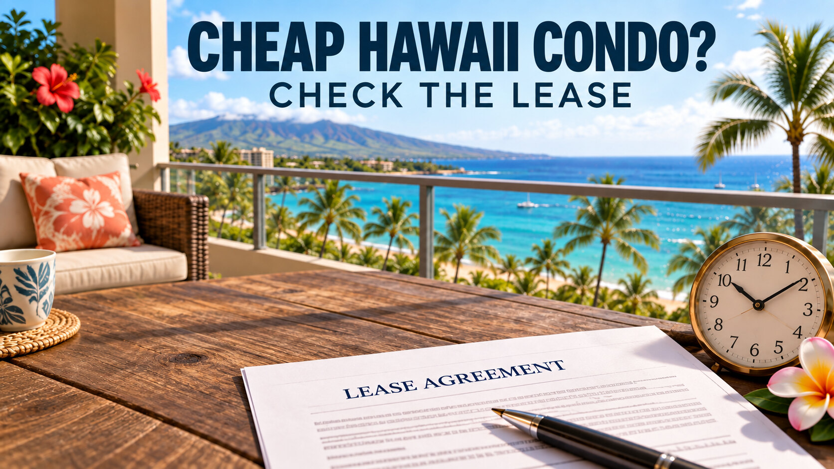 Hawaii condo balcony with a lease agreement and clock, captioned Cheap Hawaii Condo? Check the Lease