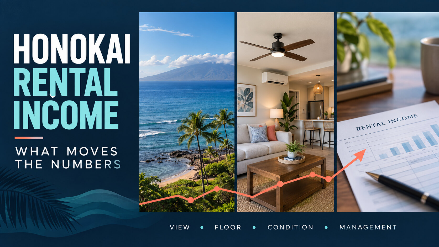 Honokai rental income graphic showing ocean view, condo interior, and rental-income chart